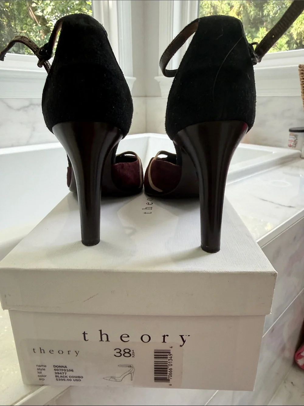 Theory Burgundy and Black Suede Pointed-Toe Ankle-Strap Heels
